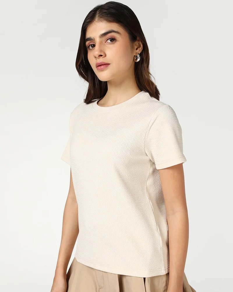 bewakoof Women's Beige Textured T-shirt